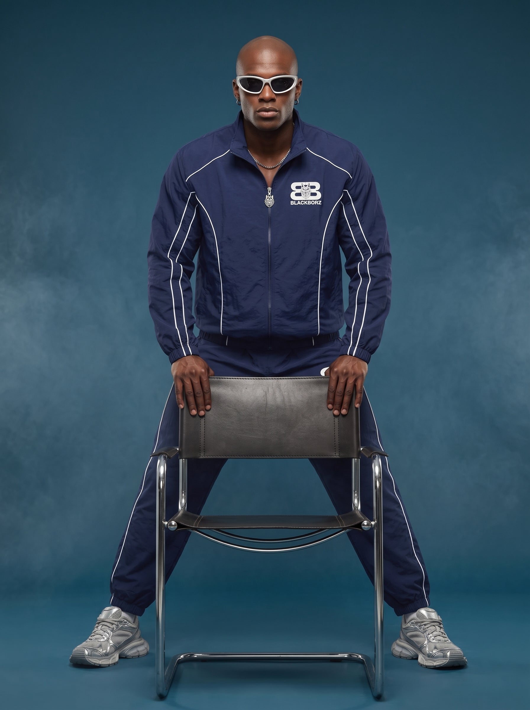 BLACKBORZ - Navy Tracksuit — Unisex Full-Zip Windbreaker Set with Wolf Logo