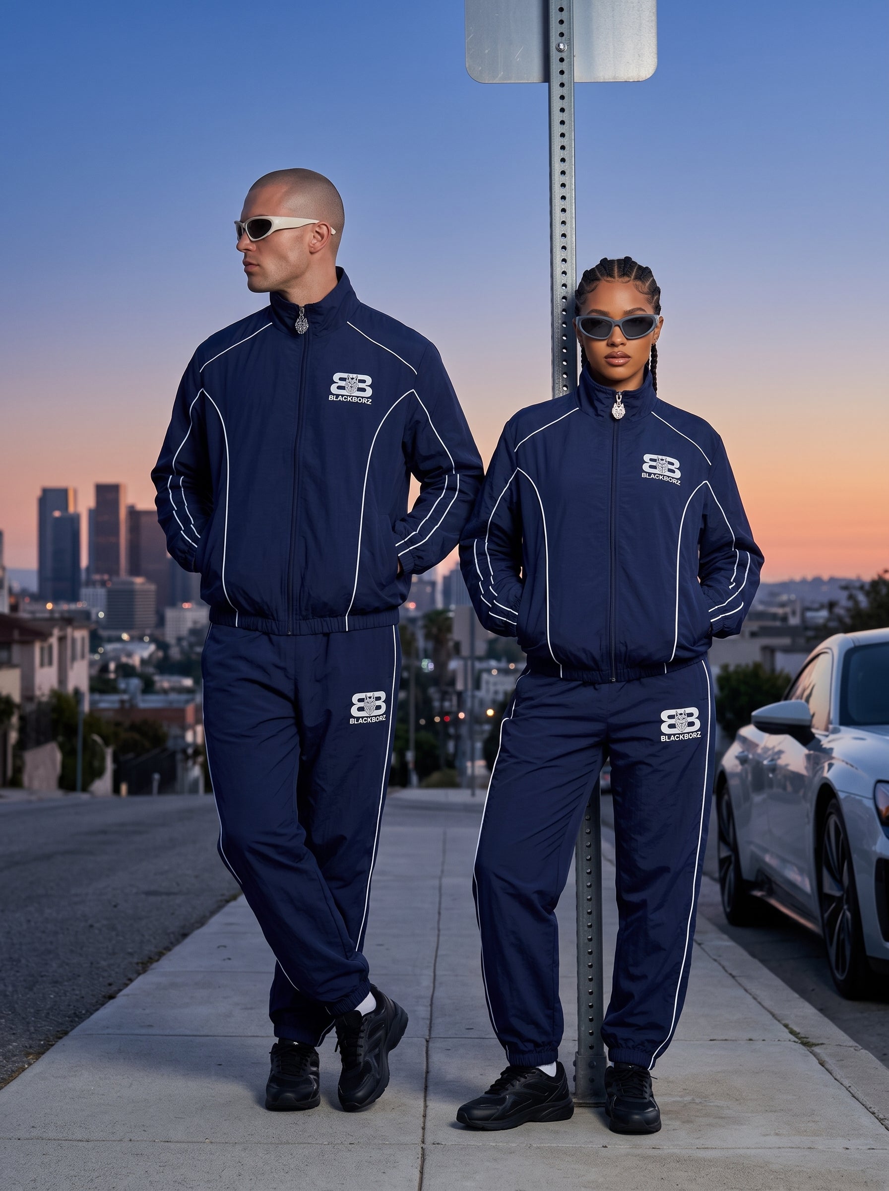 BLACKBORZ - Navy Tracksuit — Unisex Full-Zip Windbreaker Set with Wolf Logo